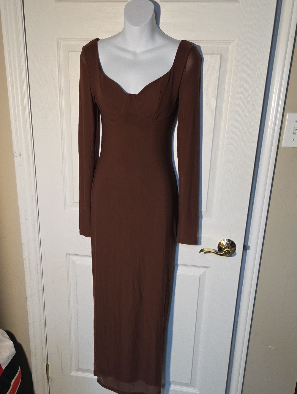 Women’s Long Sleeve Brown Maxi Dress Bodycon Sz XS
